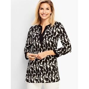 Talbots Shadow Paisley Tie Sleeve Tunic Top Printed Black and White Size Large